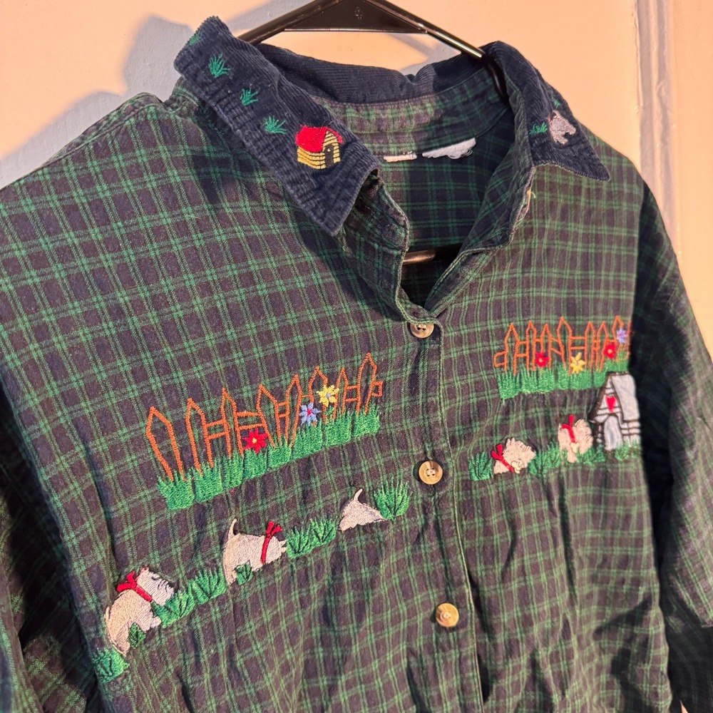 Vtg 90s Embroidery Scottie Dog Plaid Flannel Green Corduroy Cottagecore Farmcore - Picture 2 of 8